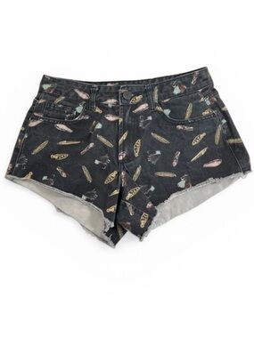 ANIMALE Feathers Print Black Cut Off Denim Shorts